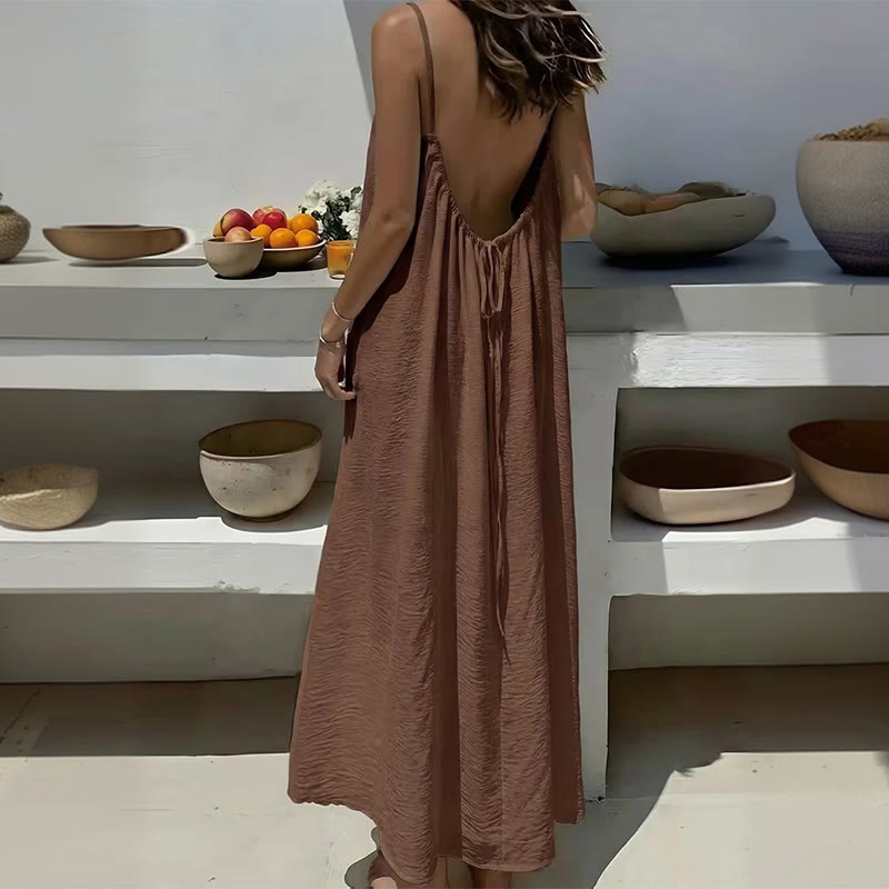 Loose Solid Color Adjustable Tie Strap Vacation Dress - Image 8