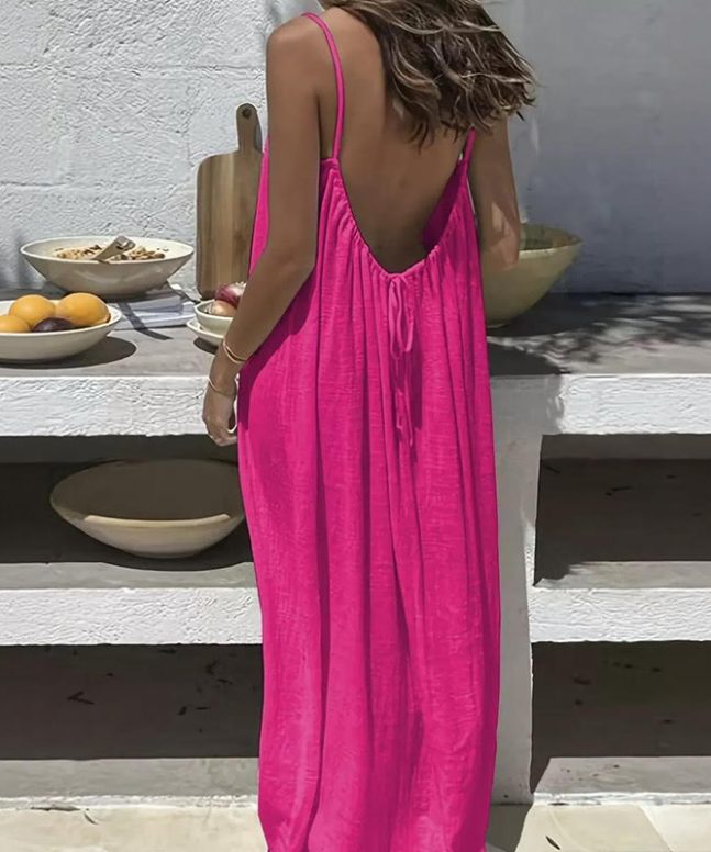 Alternative view of Loose Solid Color Adjustable Tie Strap Vacation Dress