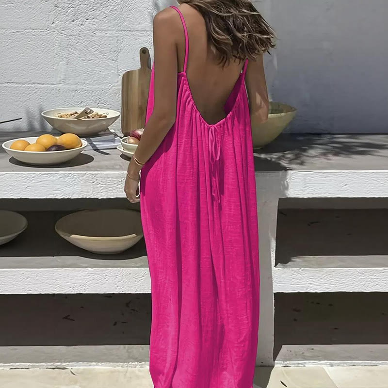Loose Solid Color Adjustable Tie Strap Vacation Dress - Image 2