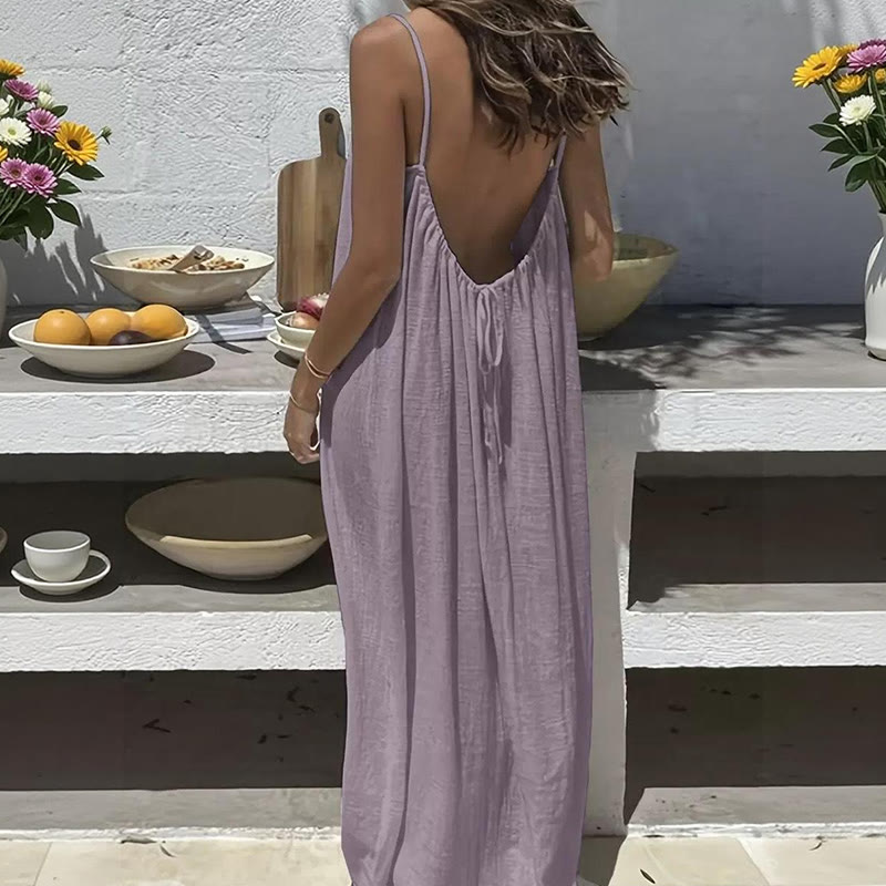 Loose Solid Color Adjustable Tie Strap Vacation Dress - Image 3
