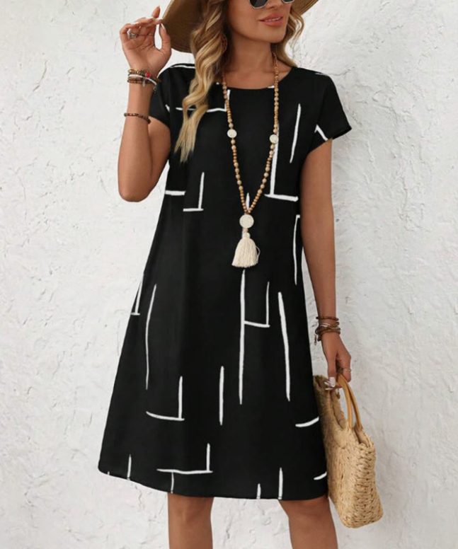 Alternative view of Geometric Line Print Short Sleeve Crew Neck Midi Dress