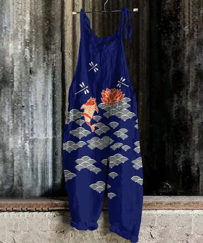 Japanese Style Koi Fish Dragonfly Wave Art Print Casual Jumpsuit - Image 4