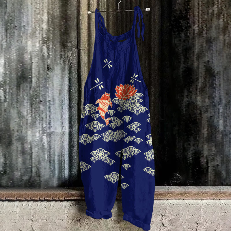 Japanese Style Koi Fish Dragonfly Wave Art Print Casual Jumpsuit - Image 4
