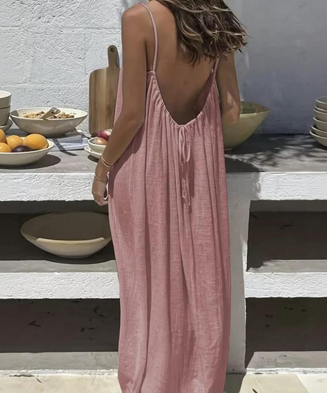 Loose Solid Color Adjustable Tie Strap Vacation Dress - Image 5