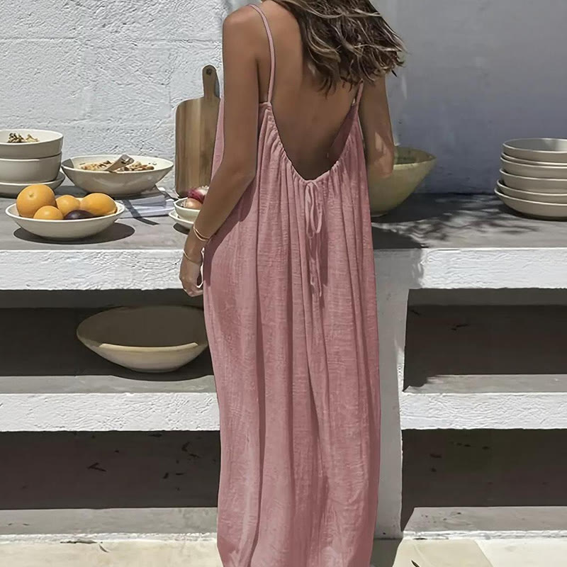 Loose Solid Color Adjustable Tie Strap Vacation Dress - Image 5