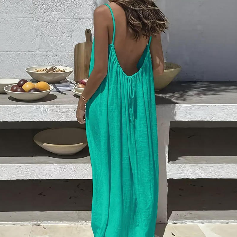 Loose Solid Color Adjustable Tie Strap Vacation Dress - Image 12