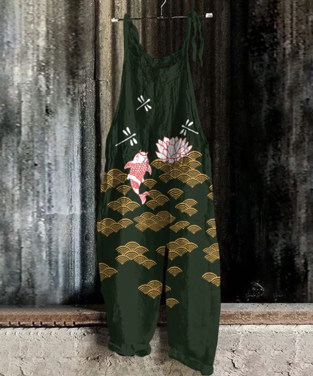 Japanese Style Koi Fish Dragonfly Wave Art Print Casual Jumpsuit - Image 6