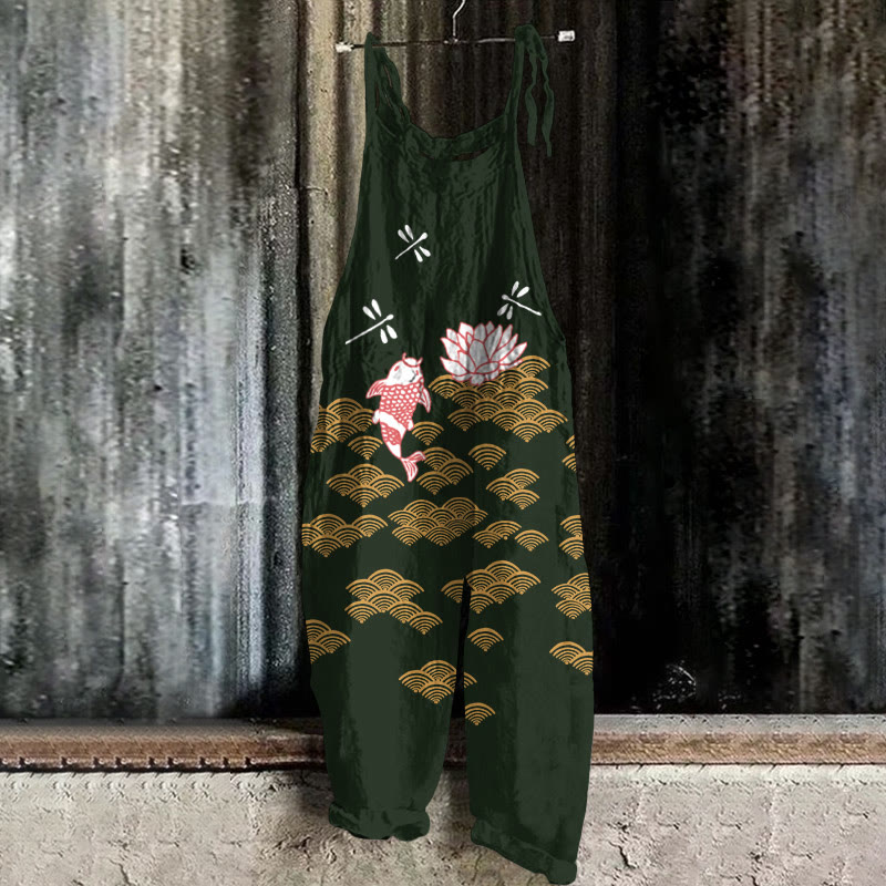 Japanese Style Koi Fish Dragonfly Wave Art Print Casual Jumpsuit - Image 6