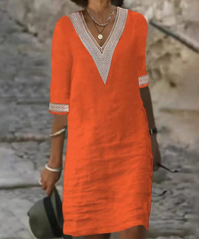 Elegant Solid V-neck Lace Half-sleeve Midi Dress - Image 6