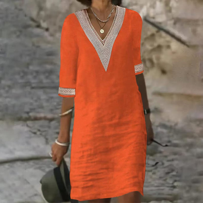 Elegant Solid V-neck Lace Half-sleeve Midi Dress - Image 6