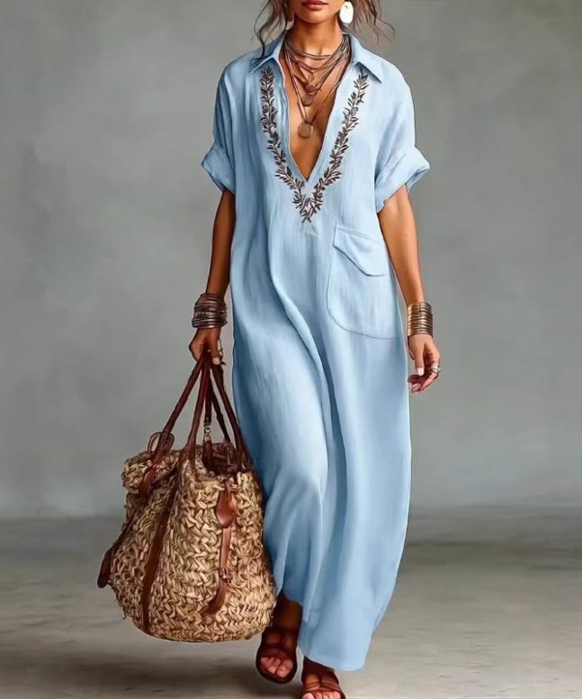 Elegant Solid Embroidered V-neck Pocket Lapel Short-sleeve Maxi Dress - Image 5