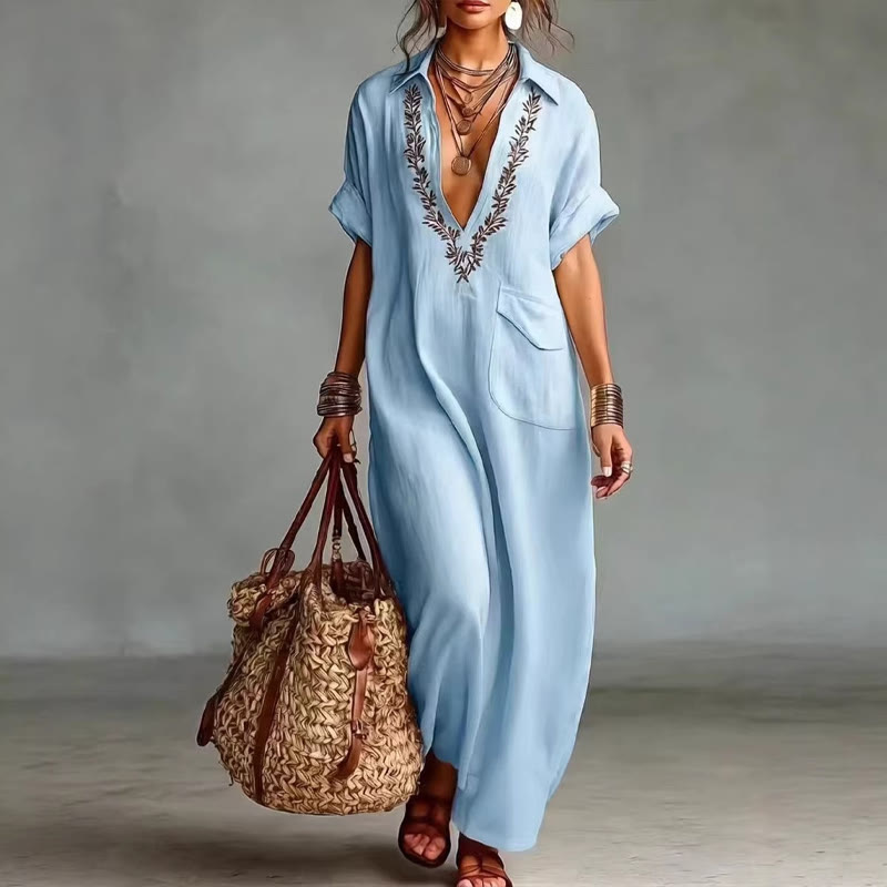 Elegant Solid Embroidered V-neck Pocket Lapel Short-sleeve Maxi Dress - Image 5