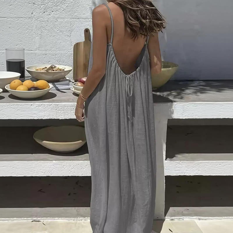 Loose Solid Color Adjustable Tie Strap Vacation Dress - Image 7
