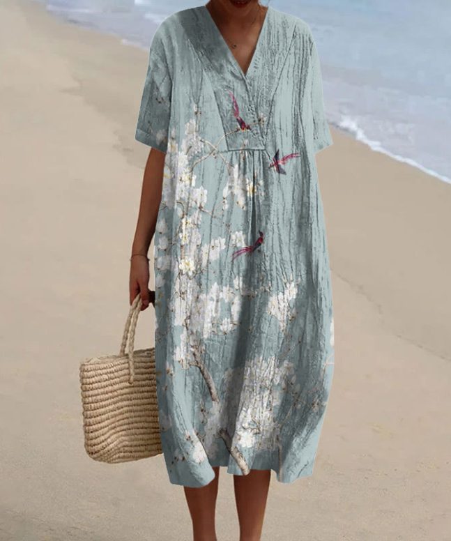 Floral Japanese Print V-neck Short Sleeved Casual Midi Dress - Image 4