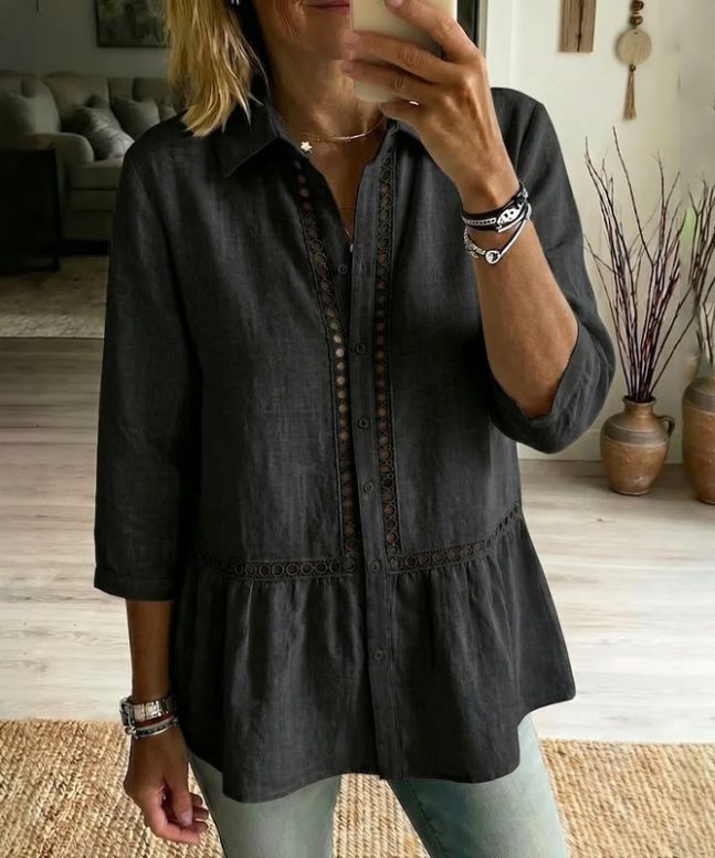 Elegant Bohemian Openwork Lace Linen Blend 3/4 Sleeve Blouse - Image 6