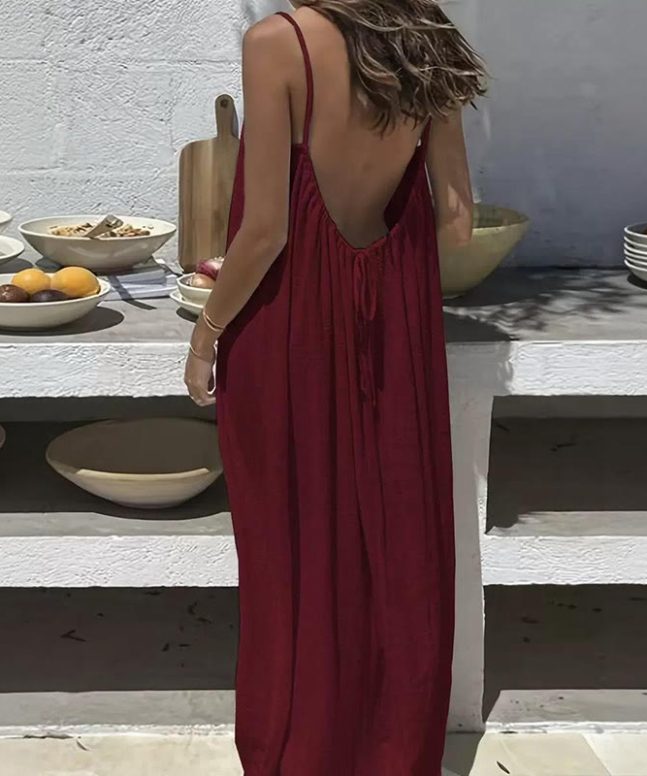 Loose Solid Color Adjustable Tie Strap Vacation Dress - Image 6