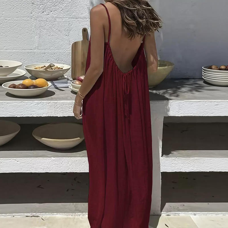 Loose Solid Color Adjustable Tie Strap Vacation Dress - Image 6