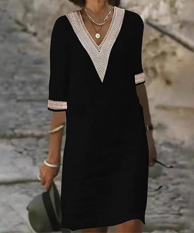 Elegant Solid V-neck Lace Half-sleeve Midi Dress - Image 5