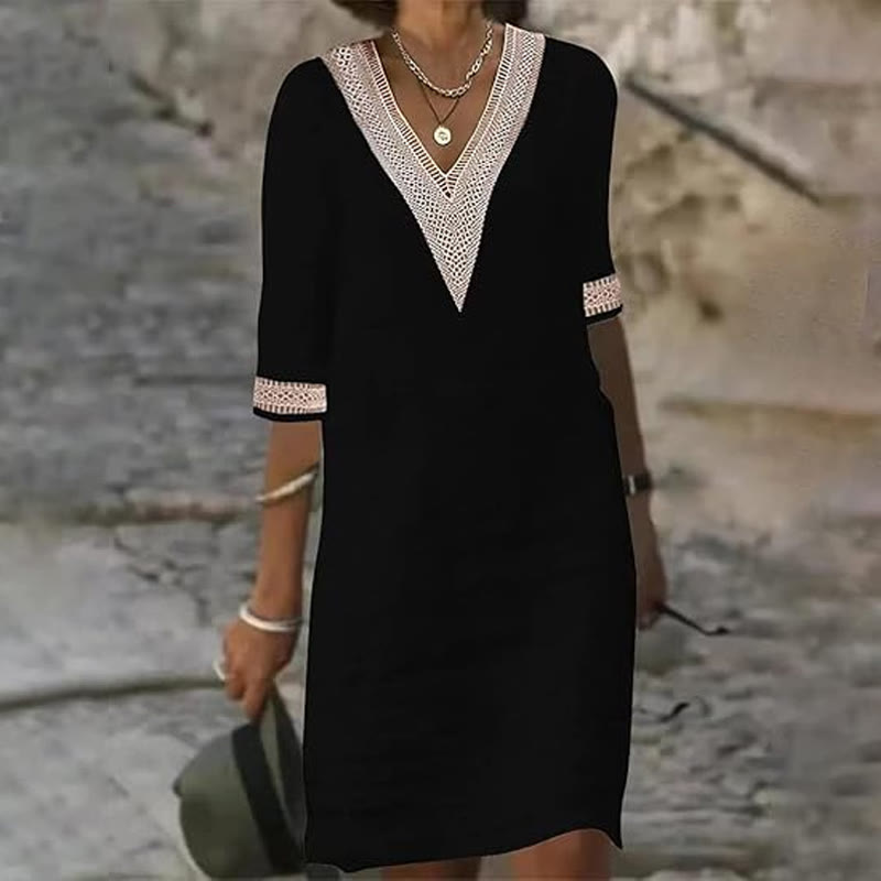 Elegant Solid V-neck Lace Half-sleeve Midi Dress - Image 5