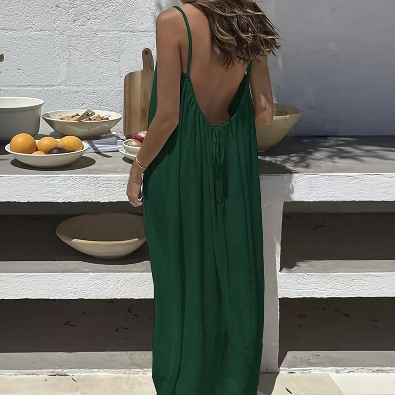 Loose Solid Color Adjustable Tie Strap Vacation Dress - Image 3