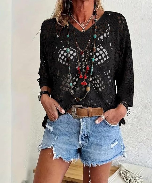 Beach Diamond Cutout Batwing Sleeve V-Neck Cover-up T-Shirt - Image 6