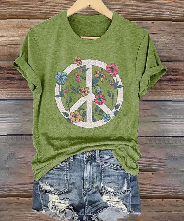 Alternative view of Women's Hippie Peace Sign Flowers Love And Peace Printed Casaul Short Sleeve  Crew Neck T-shirt