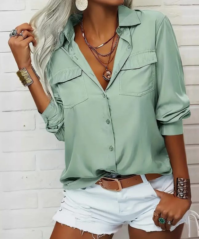 Ladies Lapel Pocket Long Sleeve Shirt - Image 6