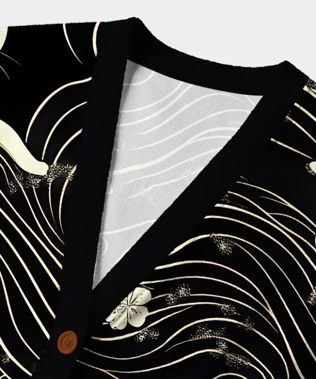 Japanese Cat Geometric Lines Long Sleeved Sweater Cardigan - Image 3