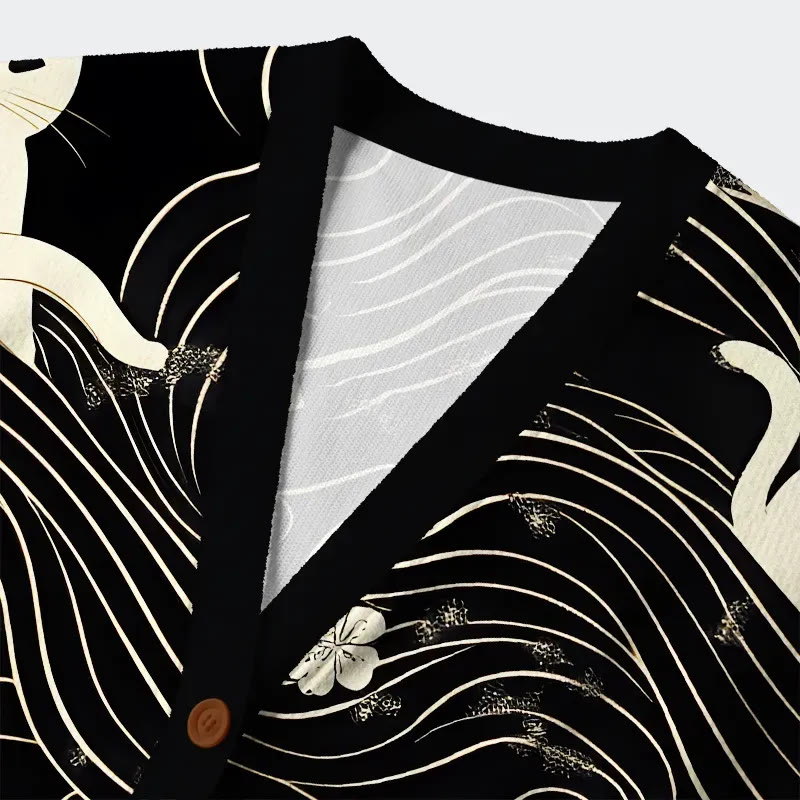 Japanese Cat Geometric Lines Long Sleeved Sweater Cardigan - Image 3