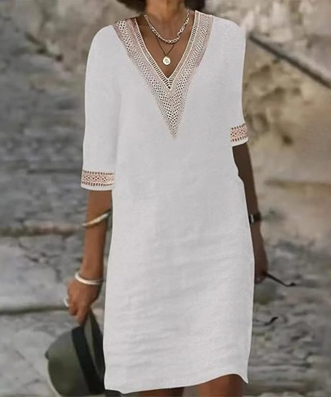 Elegant Solid V-neck Lace Half-sleeve Midi Dress - Image 3