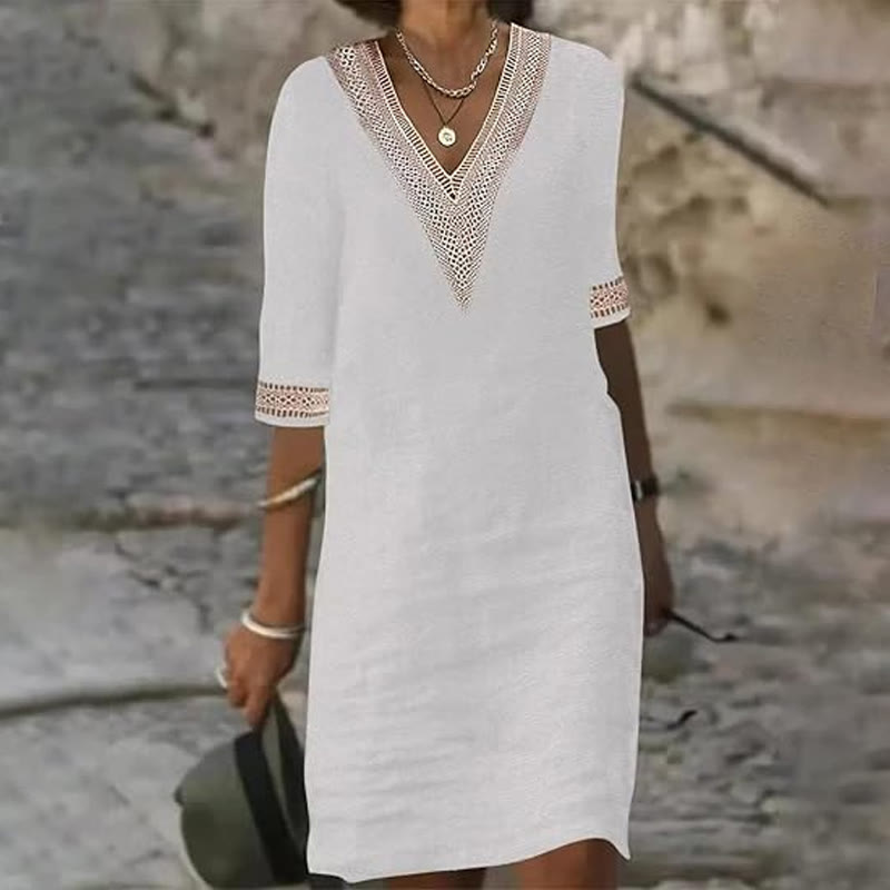 Elegant Solid V-neck Lace Half-sleeve Midi Dress - Image 3