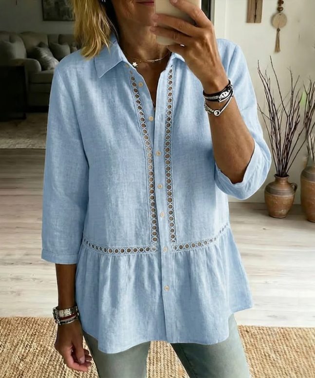 Elegant Bohemian Openwork Lace Linen Blend 3/4 Sleeve Blouse - Image 3