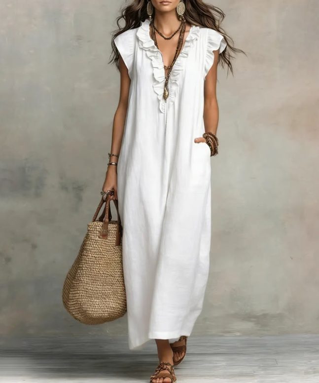 Women's Solid V-neck Sleeveless Ruffled Maxi Dress - Image 3