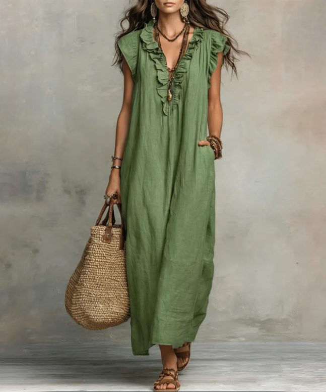 Women's Solid V-neck Sleeveless Ruffled Maxi Dress - Image 8