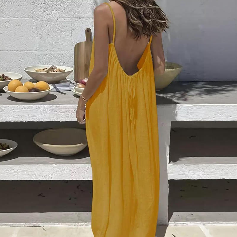 Loose Solid Color Adjustable Tie Strap Vacation Dress - Image 7