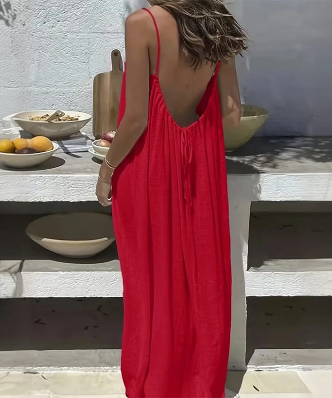 Loose Solid Color Adjustable Tie Strap Vacation Dress - Image 9