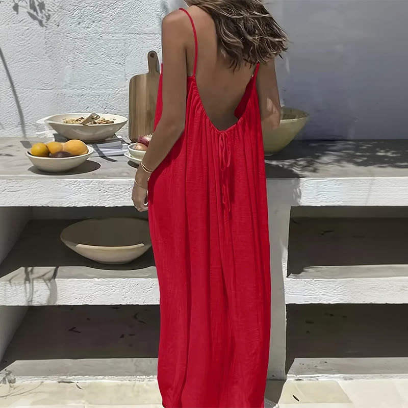 Loose Solid Color Adjustable Tie Strap Vacation Dress - Image 9