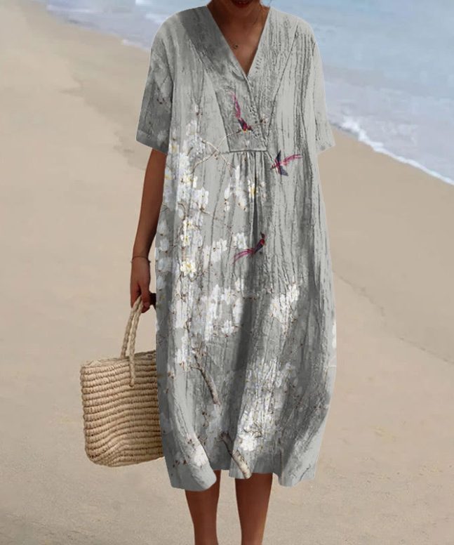 Floral Japanese Print V-neck Short Sleeved Casual Midi Dress - Image 5