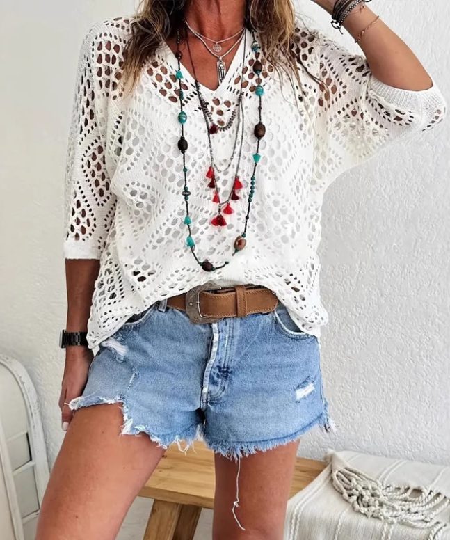 Beach Diamond Cutout Batwing Sleeve V-Neck Cover-up T-Shirt - Image 12