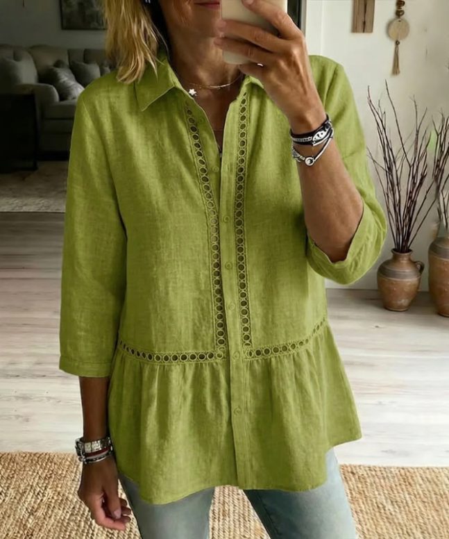 Elegant Bohemian Openwork Lace Linen Blend 3/4 Sleeve Blouse - Image 4