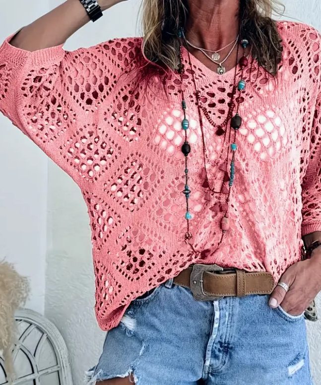Beach Diamond Cutout Batwing Sleeve V-Neck Cover-up T-Shirt - Image 10