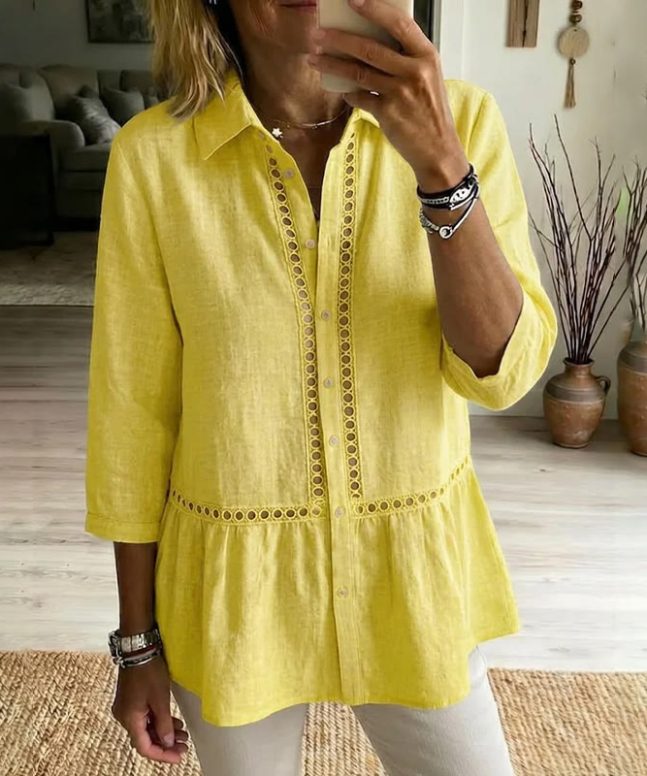 Elegant Bohemian Openwork Lace Linen Blend 3/4 Sleeve Blouse - Image 5