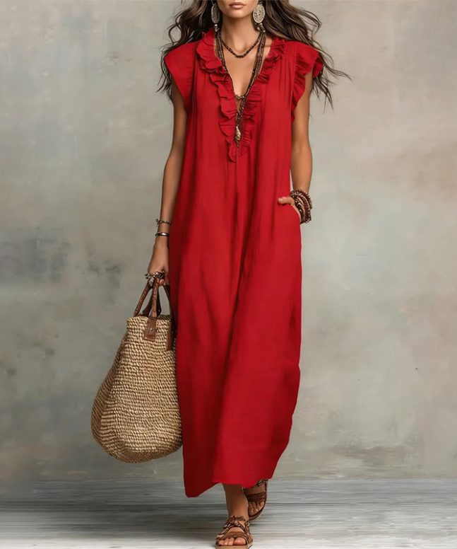Women's Solid V-neck Sleeveless Ruffled Maxi Dress - Image 7