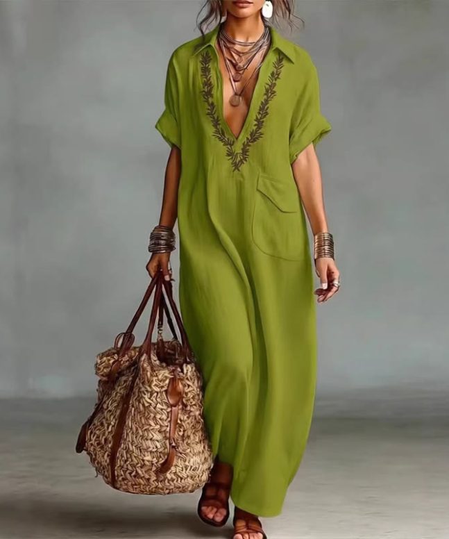 Elegant Solid Embroidered V-neck Pocket Lapel Short-sleeve Maxi Dress - Image 3