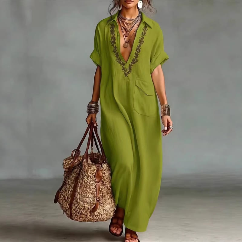 Elegant Solid Embroidered V-neck Pocket Lapel Short-sleeve Maxi Dress - Image 3