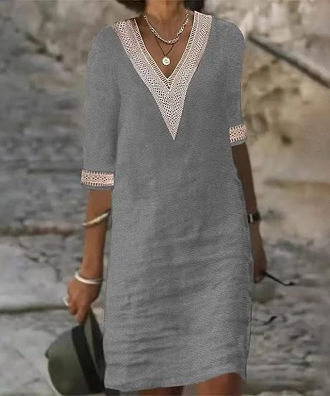 Elegant Solid V-neck Lace Half-sleeve Midi Dress - Image 4