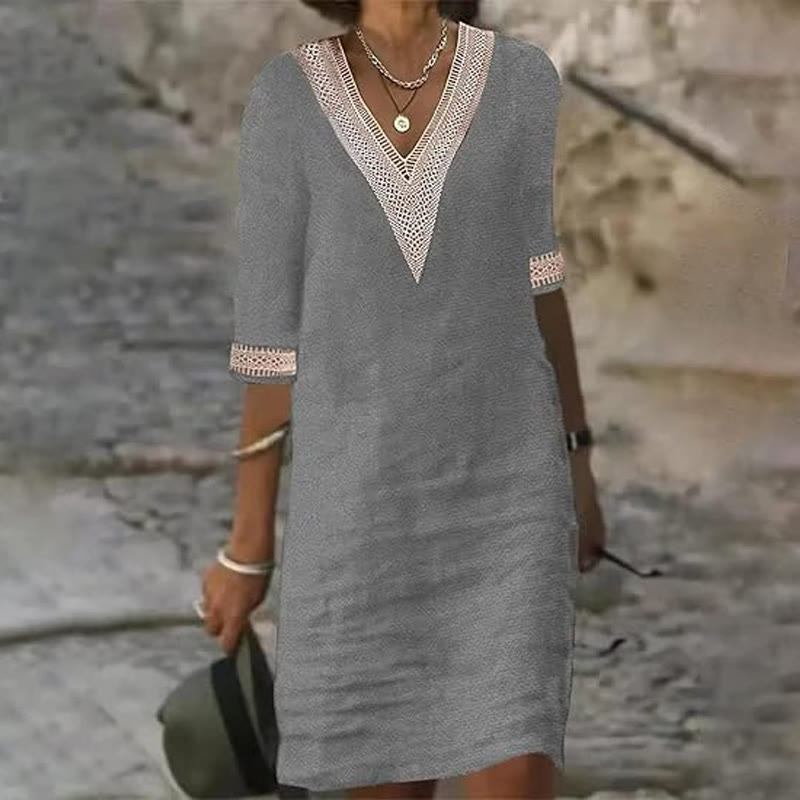 Elegant Solid V-neck Lace Half-sleeve Midi Dress - Image 4