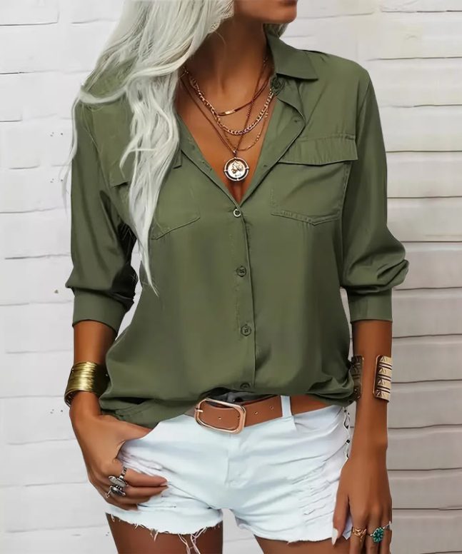 Ladies Lapel Pocket Long Sleeve Shirt - Image 3