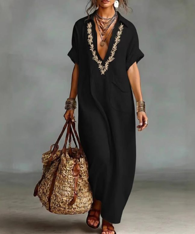 Elegant Solid Embroidered V-neck Pocket Lapel Short-sleeve Maxi Dress - Image 4