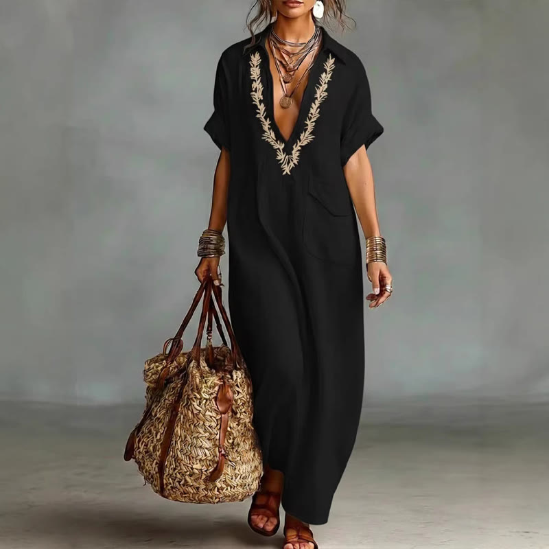 Elegant Solid Embroidered V-neck Pocket Lapel Short-sleeve Maxi Dress - Image 4
